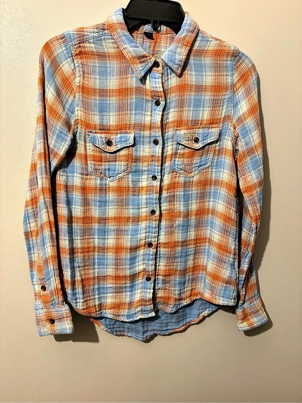 Vanilla Star Plaid 100% Cotton Button Down in Blue & Orange Size Medium